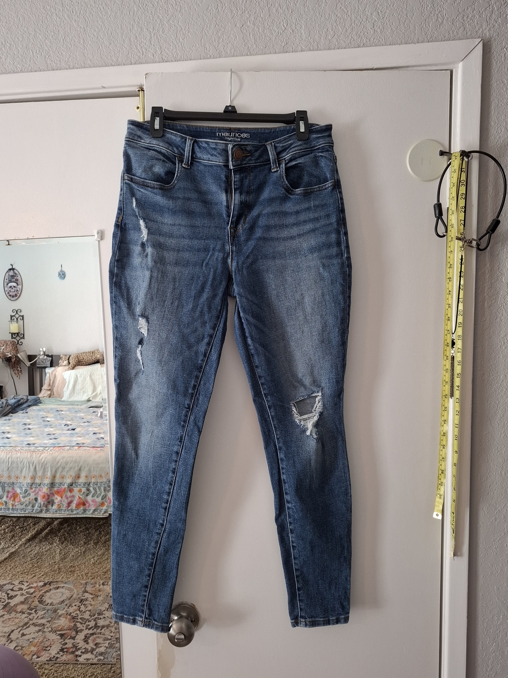 Maurices Women's Skinny Jeans in Medium Blue Wash with Distressed Detail